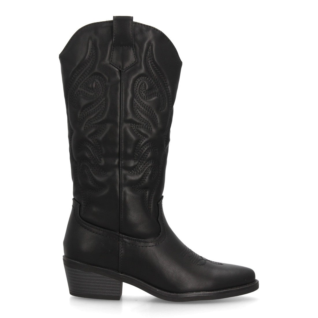 Botas altas western para mujer en tono negro con acabado ante suave y punta afilada