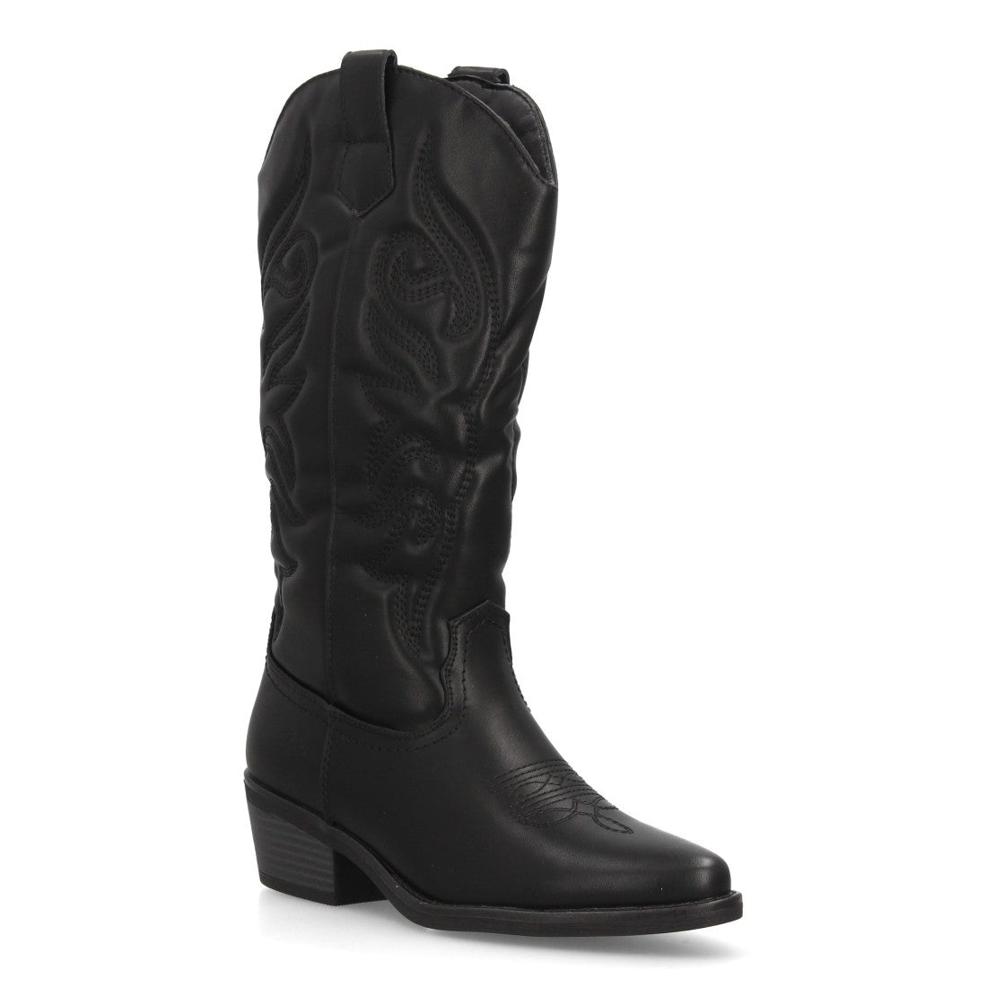 Botas altas western para mujer en tono negro con acabado ante suave y punta afilada