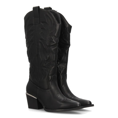 Botas altas cowboy negras de mujer con detalle metálico