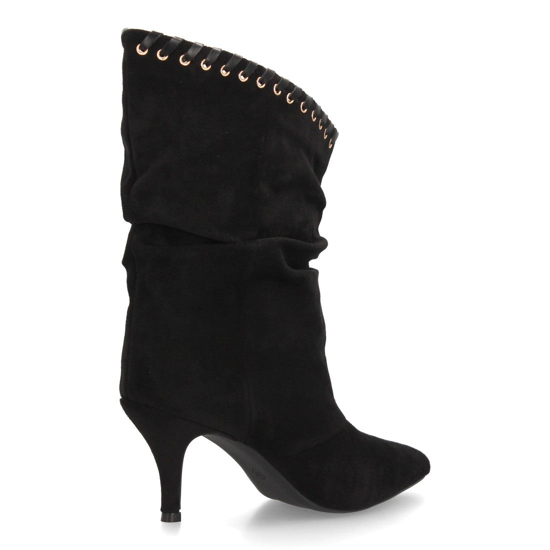 Botas elegantes negras de caña fruncida asimétrica con detalle de ojales y tacón fino