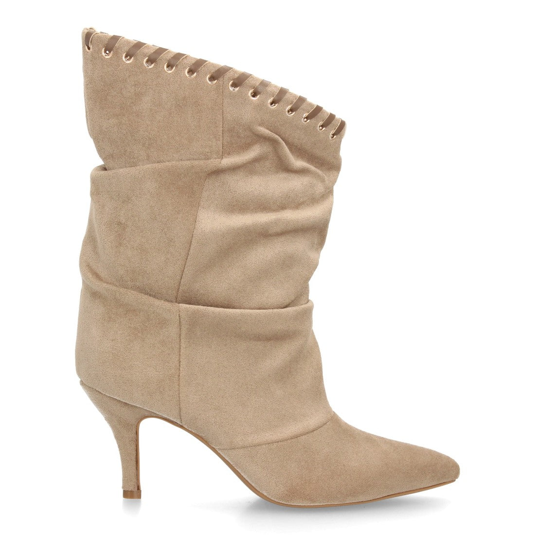 Botas elegantes kaki de caña fruncida con corte asimétrico ojales metálicos y cintas