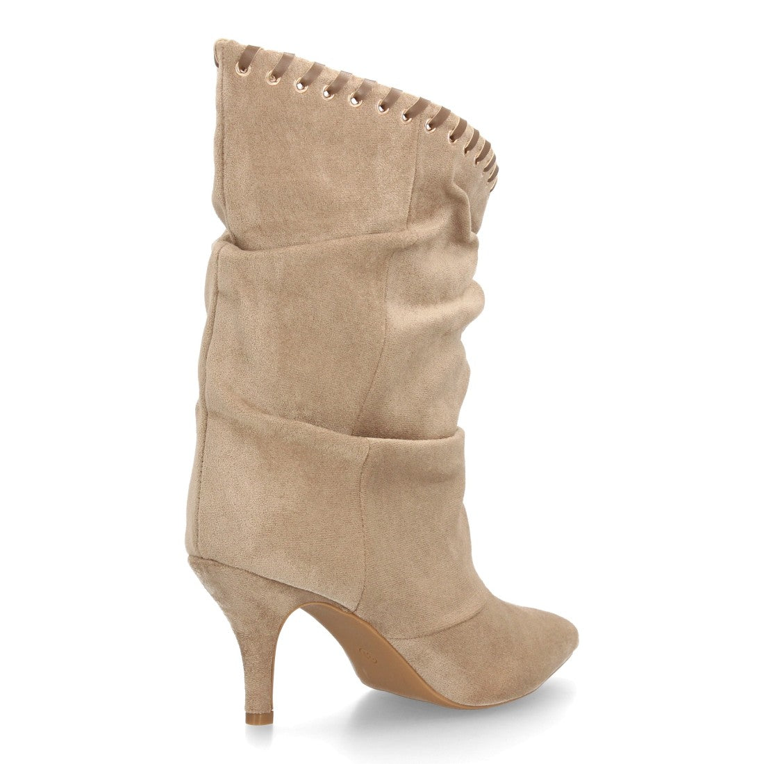 Botas elegantes kaki de caña fruncida con corte asimétrico ojales metálicos y cintas