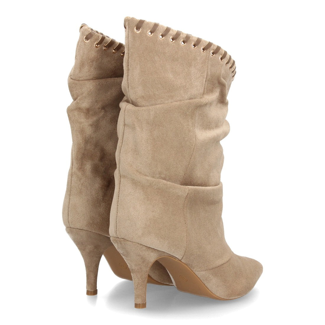Botas elegantes kaki de caña fruncida con corte asimétrico ojales metálicos y cintas