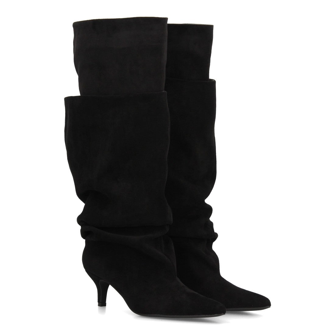 Botas altas negras de mujer con diseño vanguardista de doble capa y caña fruncida