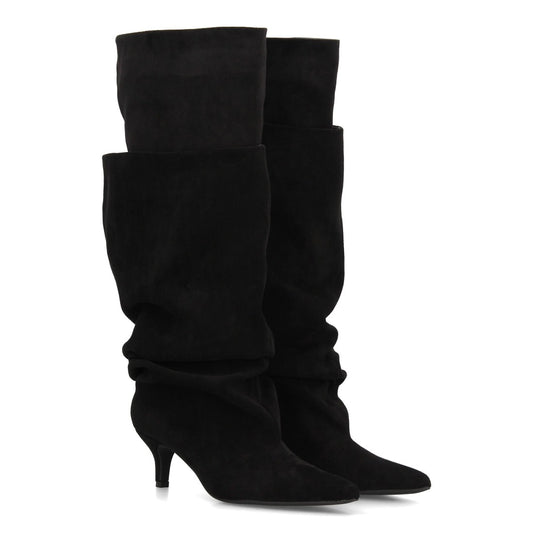 Botas altas negras de mujer con diseño vanguardista de doble capa y caña fruncida