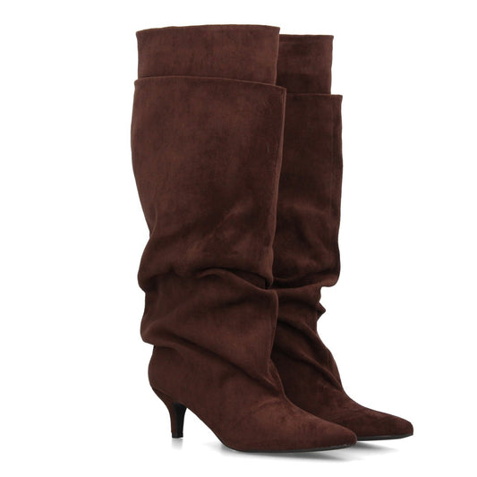 Botas altas marrón de mujer con diseño de doble capa y caña exterior fruncida