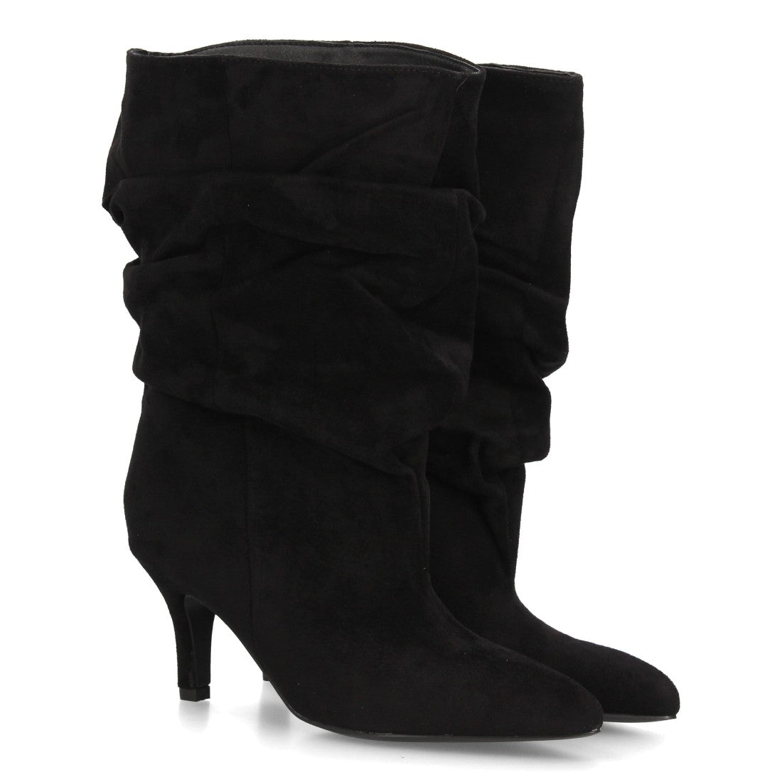 Botas altas negras para mujer de estilo fruncido en textura ante con tacón fino