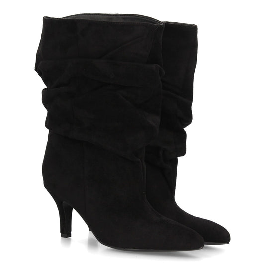Botas altas negras para mujer de estilo fruncido en textura ante con tacón fino