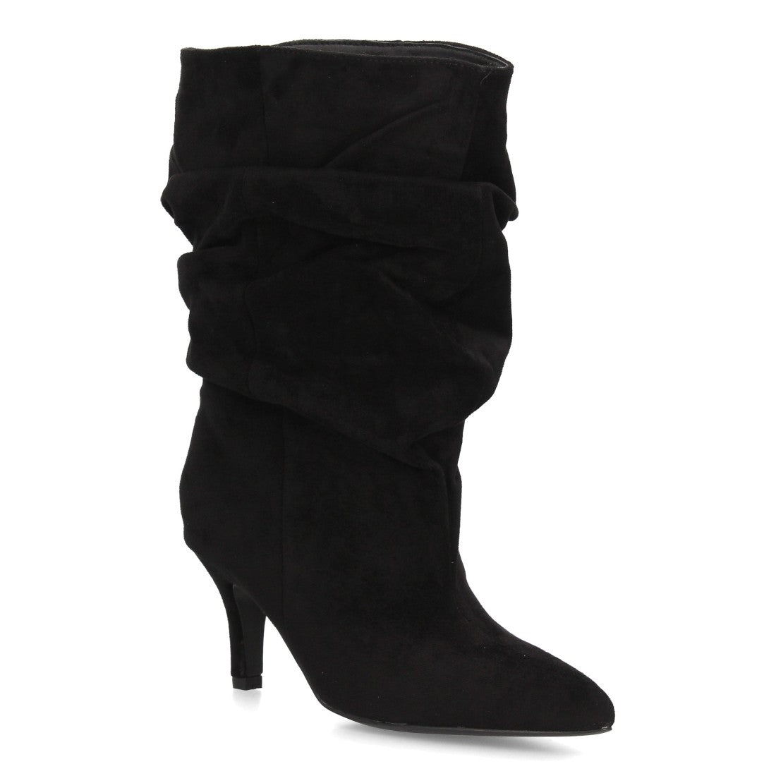 Botas de mujer negras estilizadas efecto fruncido textura ante con punta y tacón finos
