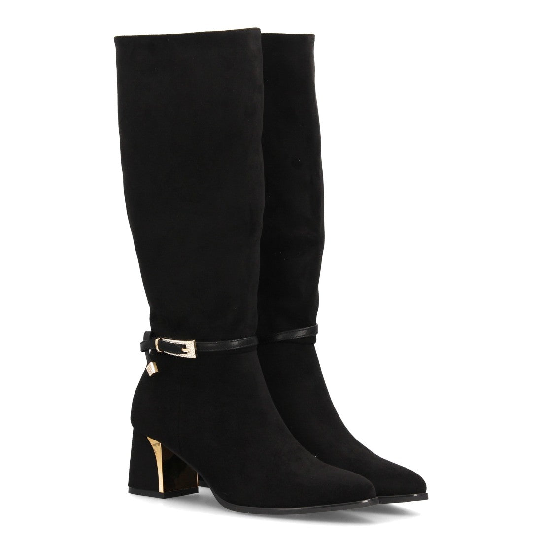 Botas altas negras de mujer en textura efecto ante con hebilla y tacón metálico