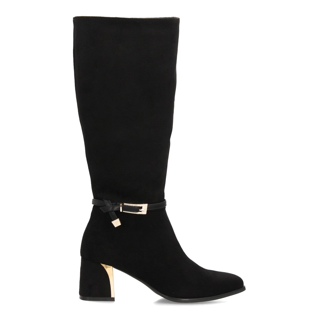 Botas altas negras elegantes efecto ante con correa en el tobillo hebilla y tacón metálico