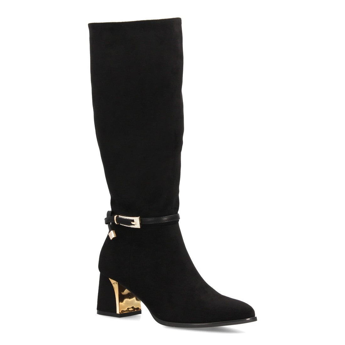 Botas altas negras elegantes efecto ante con correa en el tobillo hebilla y tacón metálico