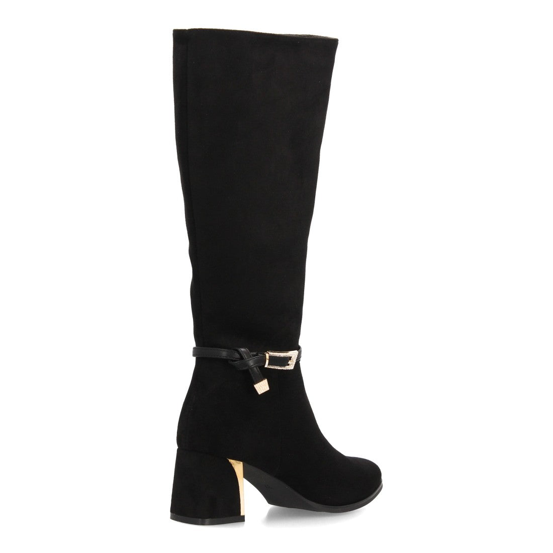 Botas altas negras elegantes efecto ante con correa en el tobillo hebilla y tacón metálico