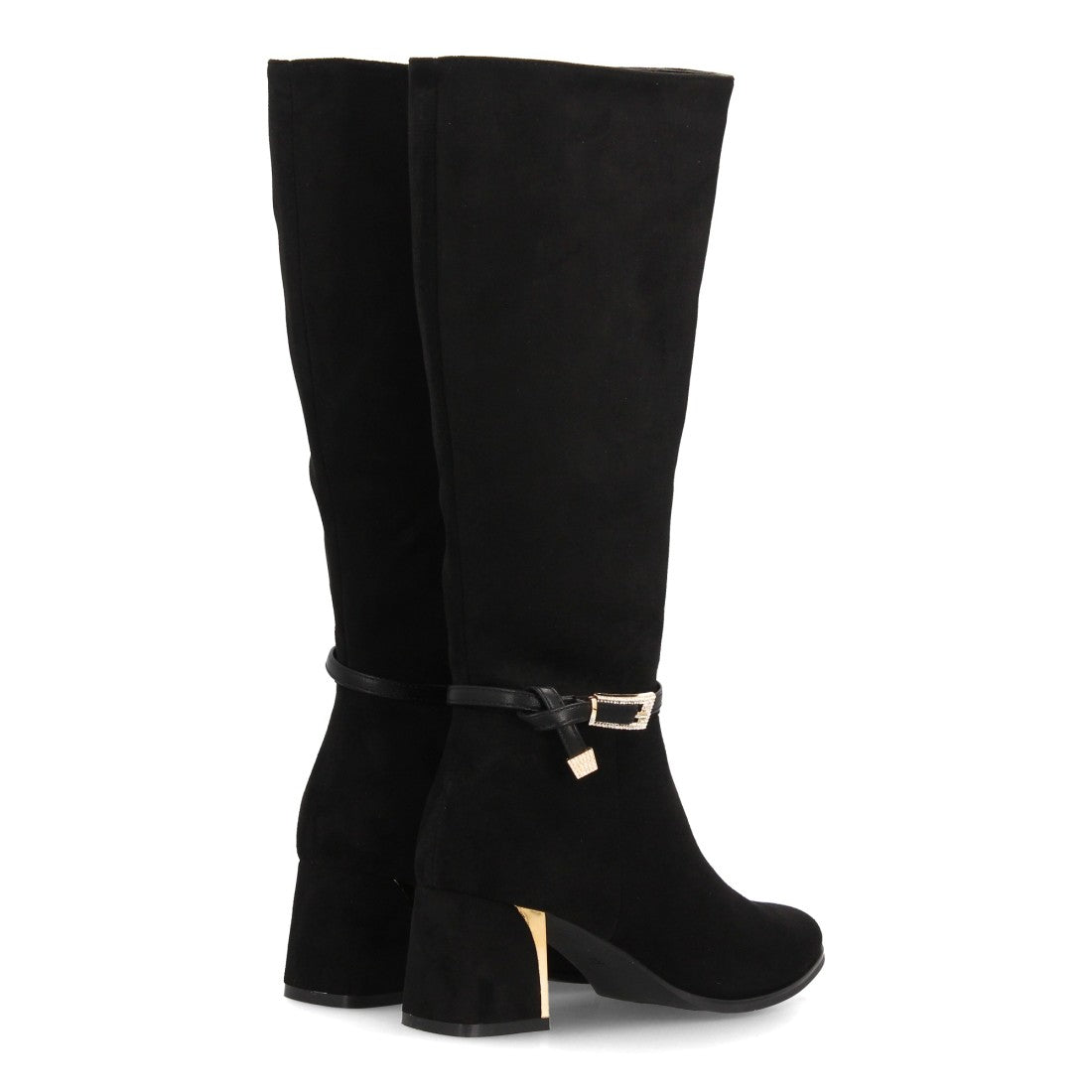 Botas altas negras elegantes efecto ante con correa en el tobillo hebilla y tacón metálico