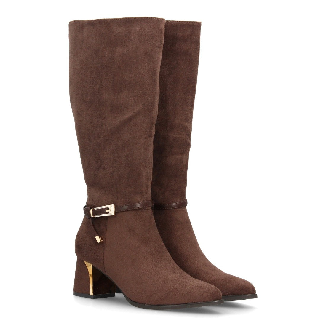 Botas altas marrón de mujer en efecto ante con tira decorativa y tacón metálico