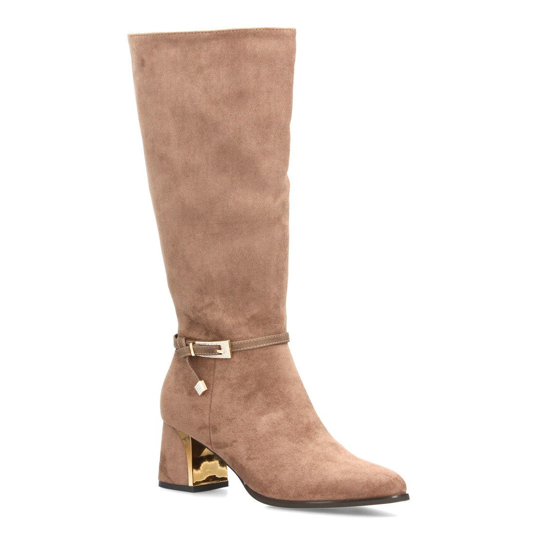 Botas altas kaki de vestir con tira decorativa en tobillo hebilla y tacón metálico