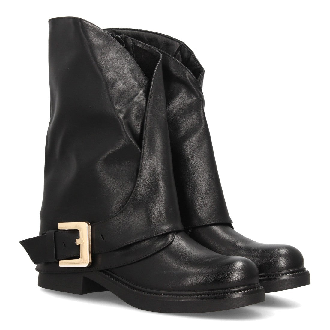 Botas de caña media negras estilo motero con acabado liso y tira con hebilla