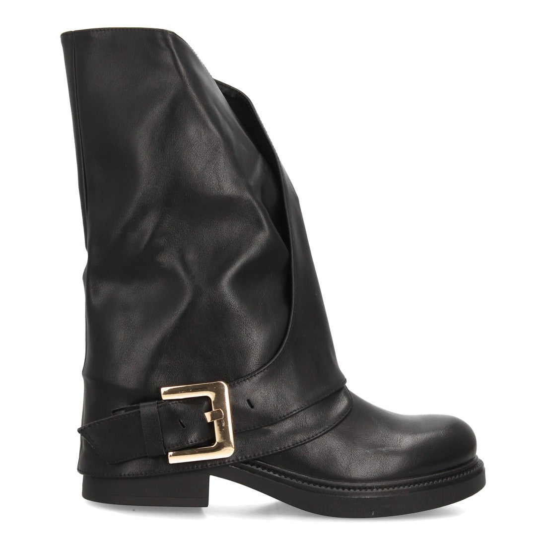 Botas de caña media negras estilo motero con acabado liso y tira con hebilla