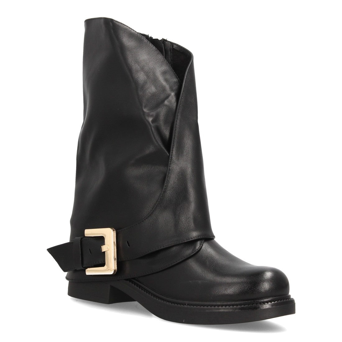Botas de caña media negras estilo motero con acabado liso y tira con hebilla