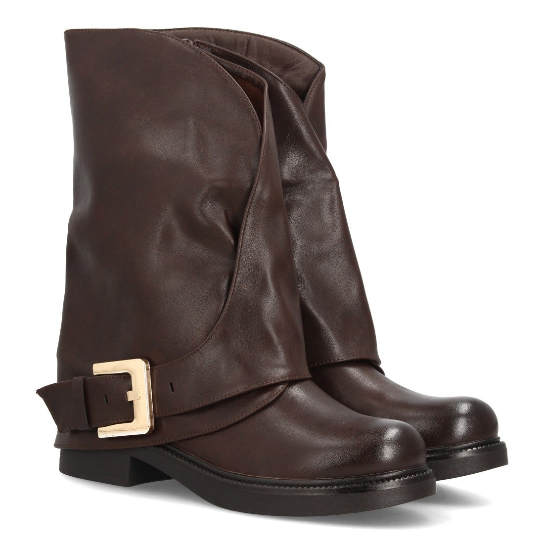 Botas de caña media marrón estilo motero con caña ancha y hebilla decorativa