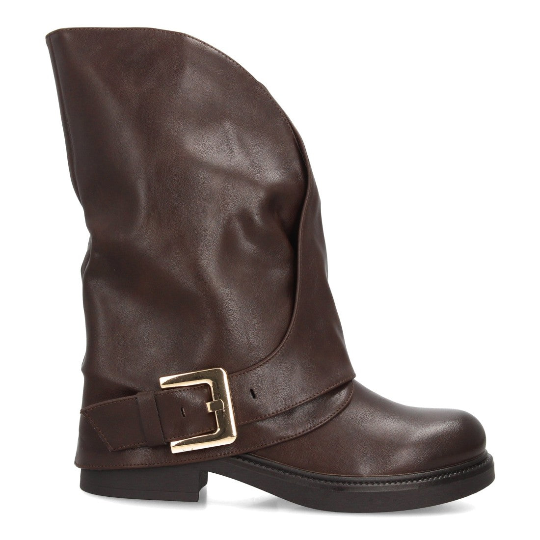 Botas de caña media marrón estilo motero con caña ancha y hebilla decorativa