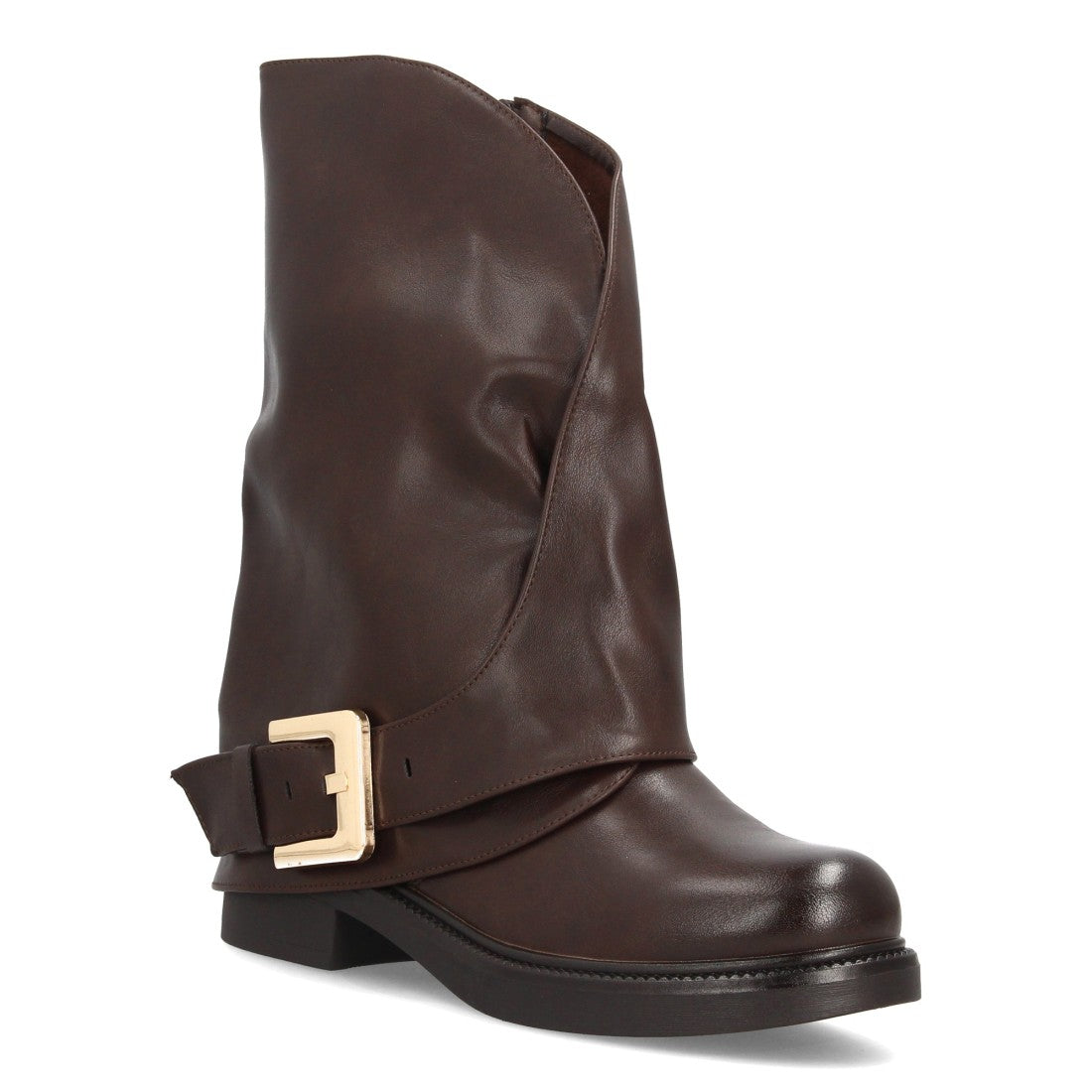 Botas de caña media marrón estilo motero con caña ancha y hebilla decorativa