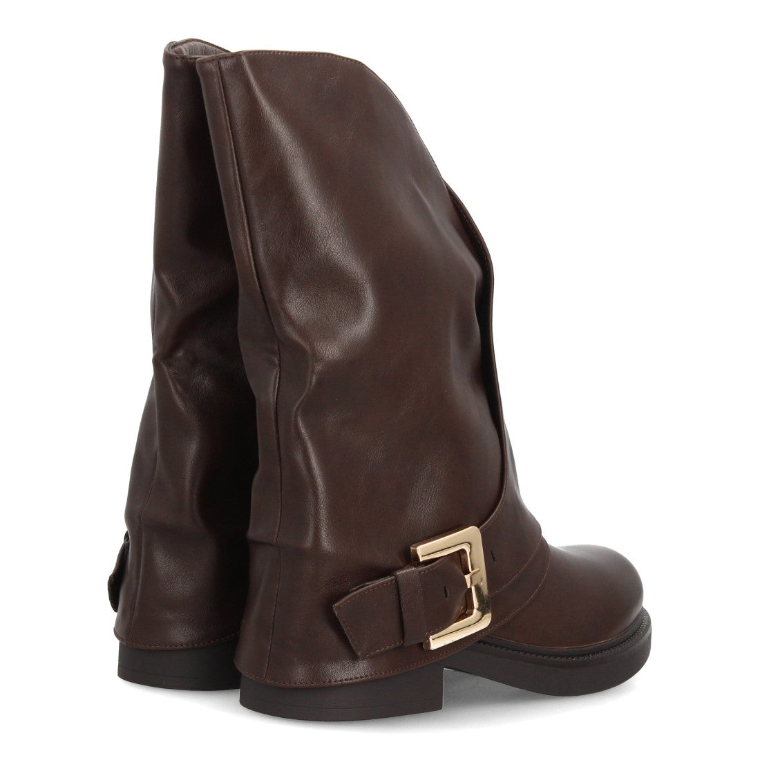 Botas de caña media marrón estilo motero con caña ancha y hebilla decorativa