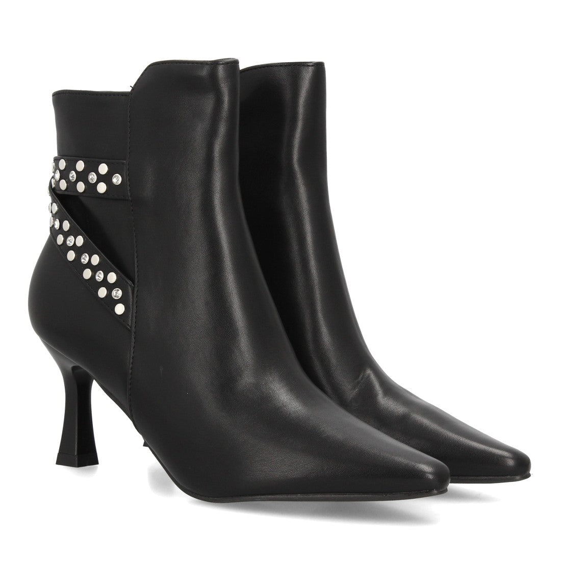 Botines elegantes negros de mujer con tacón fino, punta afilada y tiras con tachuelas
