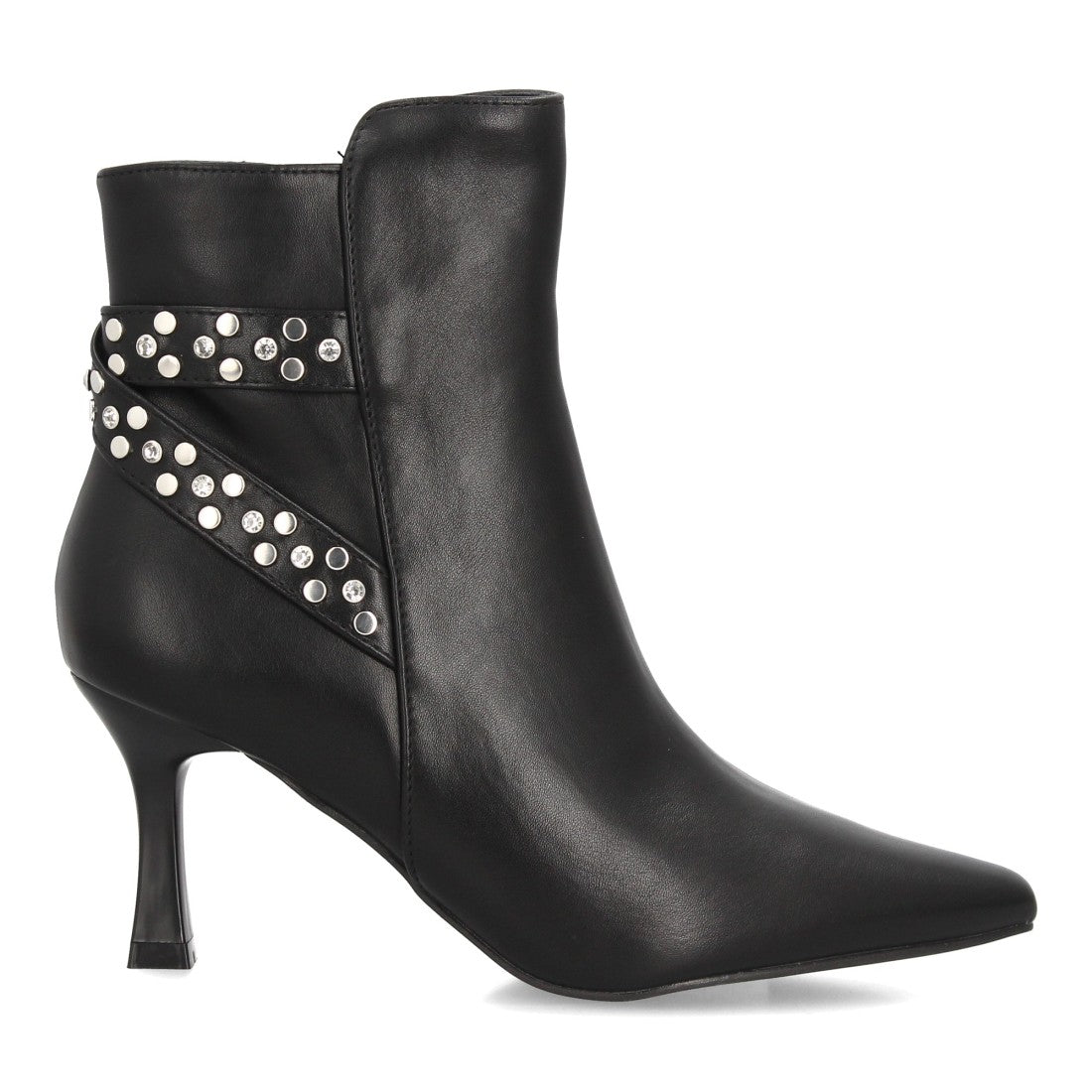 Botines elegantes negros de mujer con tacón fino, punta afilada y tiras con tachuelas