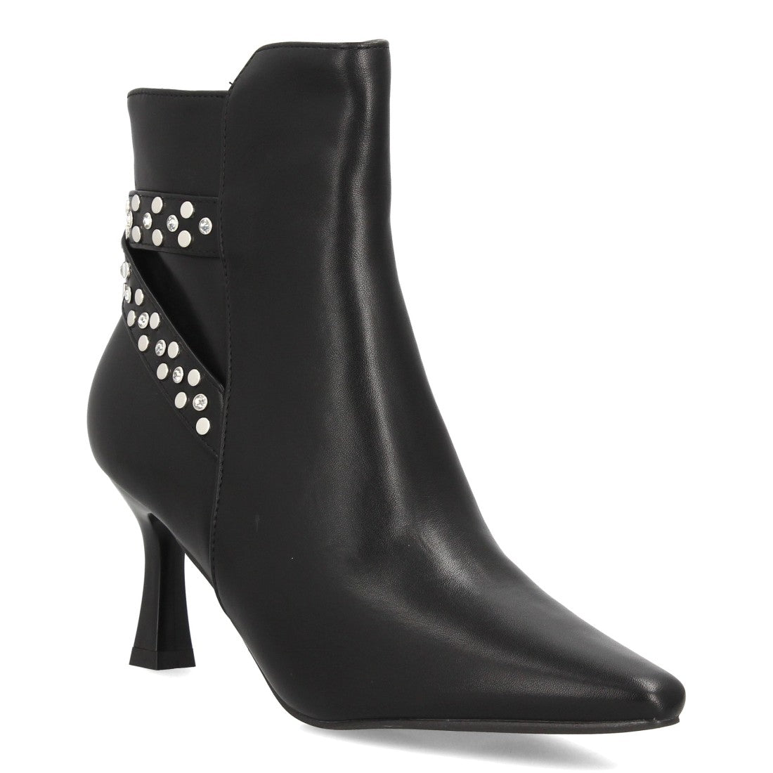 Botines elegantes negros de mujer con tacón fino, punta afilada y tiras con tachuelas