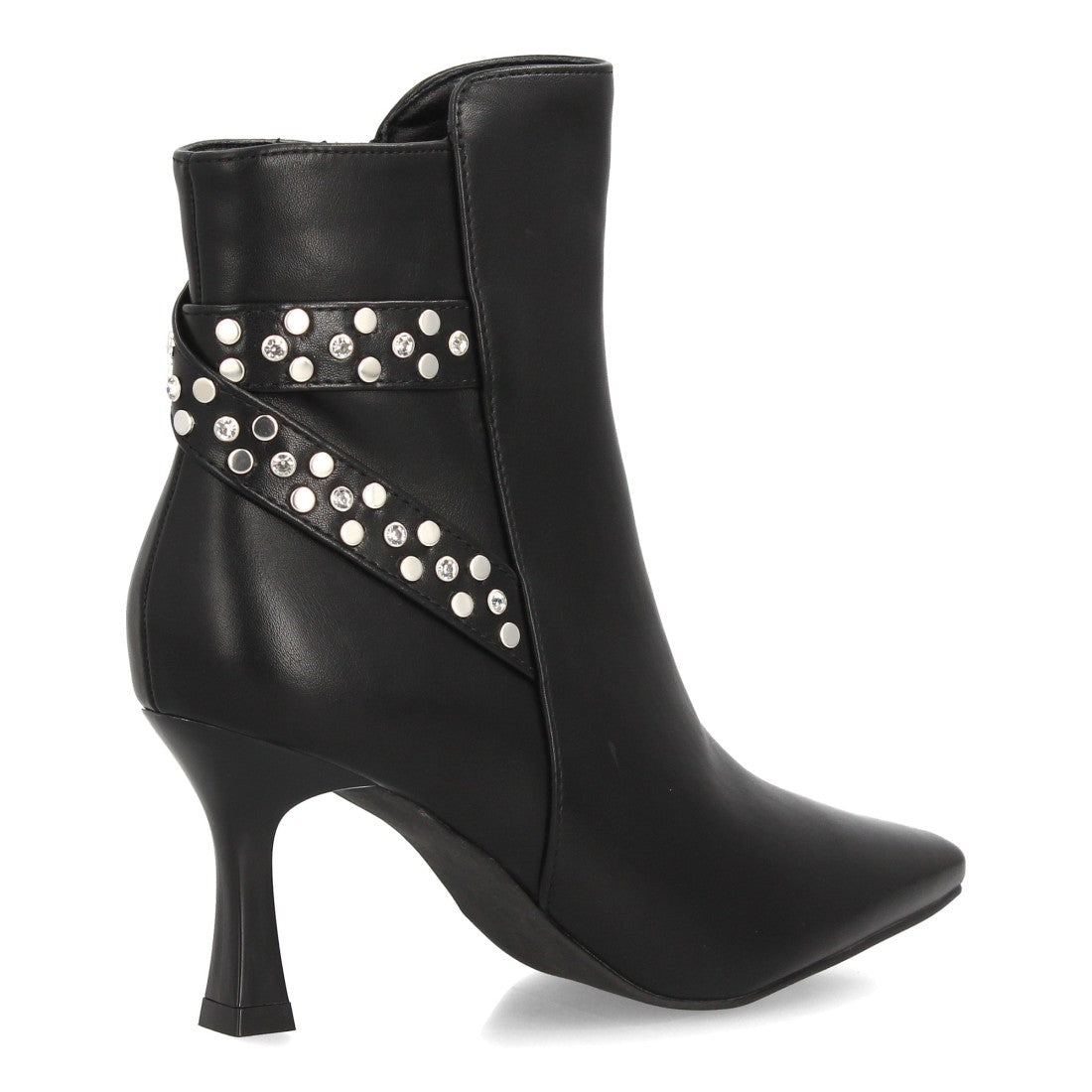 Botines elegantes negros de mujer con tacón fino, punta afilada y tiras con tachuelas
