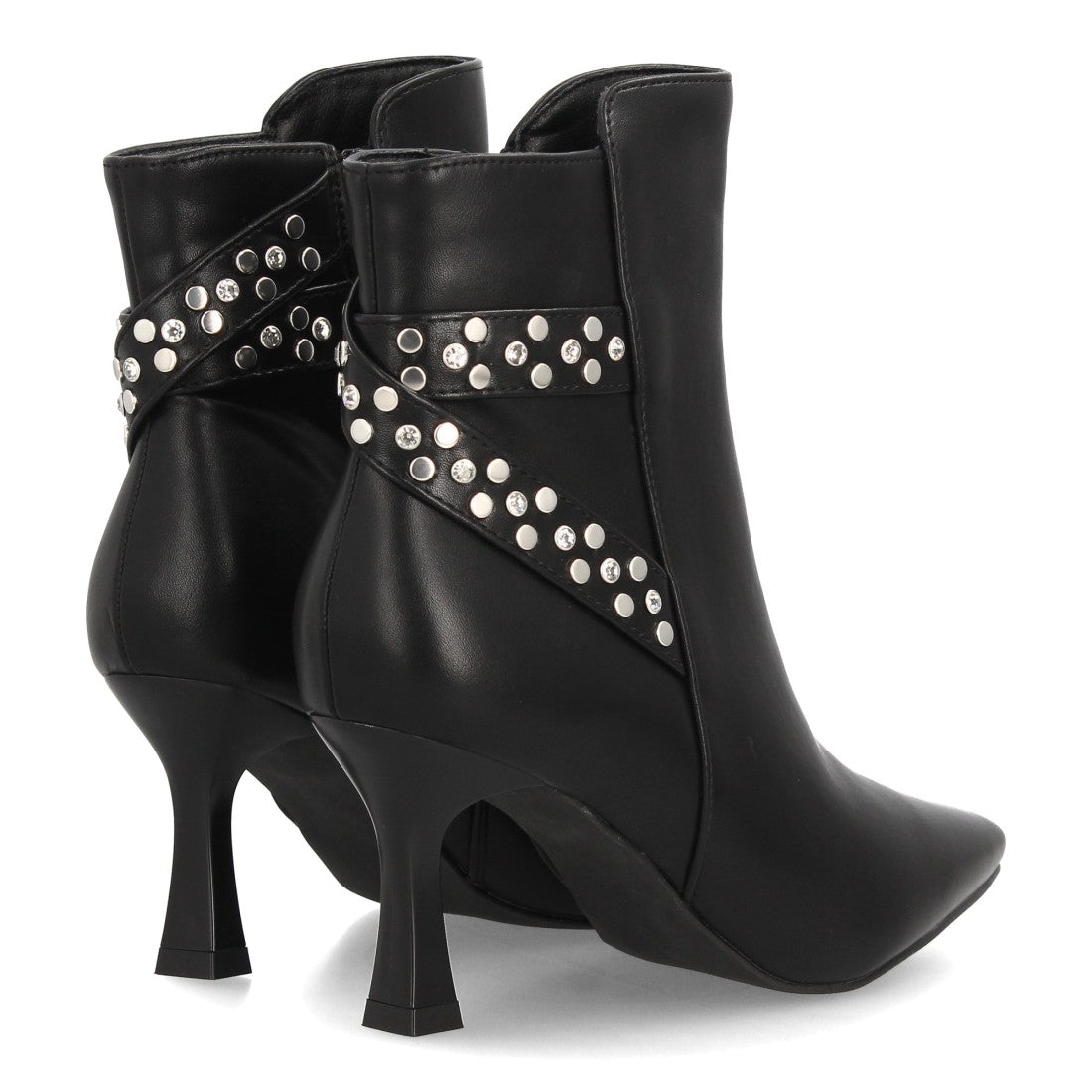 Botines elegantes negros de mujer con tacón fino, punta afilada y tiras con tachuelas