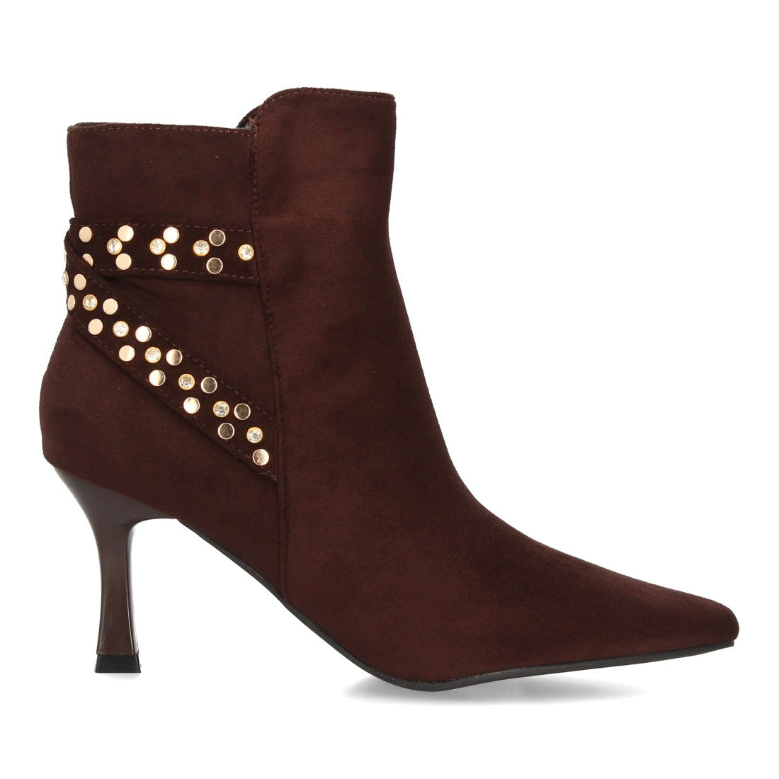 Botines elegantes marrón de mujer con punta fina y tiras decorativas de tachuelas