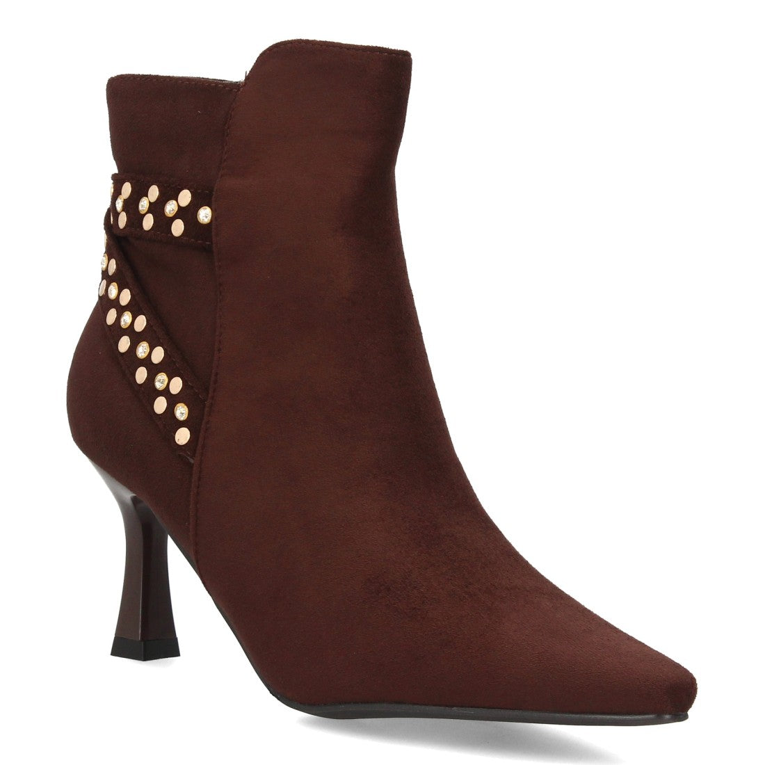 Botines elegantes marrón de mujer con punta fina y tiras decorativas de tachuelas