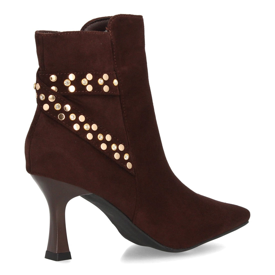 Botines elegantes marrón de mujer con punta fina y tiras decorativas de tachuelas