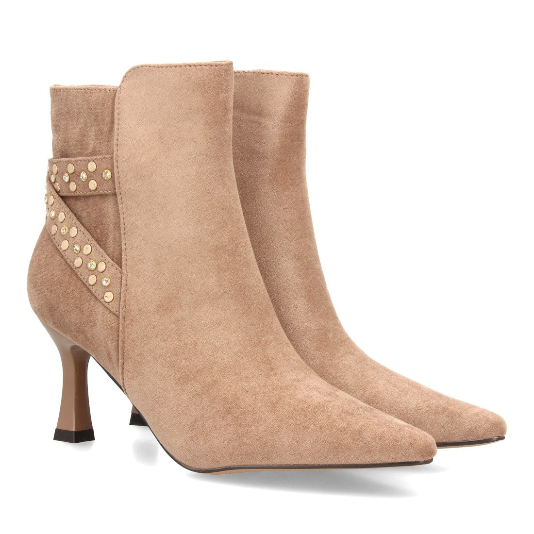 Botines elegantes kaki de mujer con punta fina, tacón fino y tachuelas con brillantes