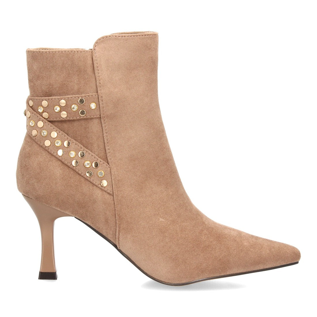 Botines elegantes kaki de mujer con punta fina, tacón fino y tachuelas con brillantes