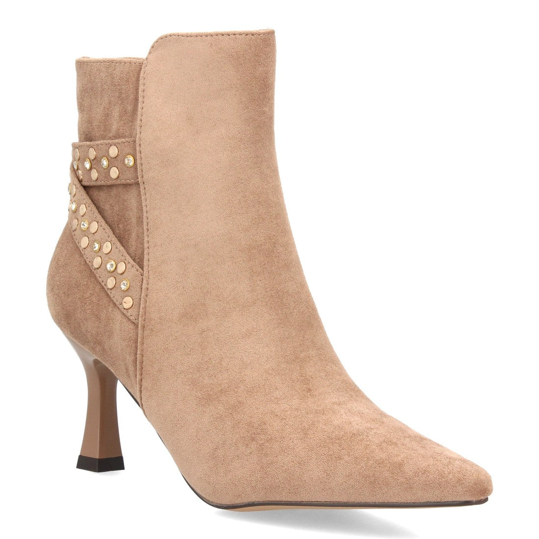 Botines elegantes kaki de mujer con punta fina, tacón fino y tachuelas con brillantes