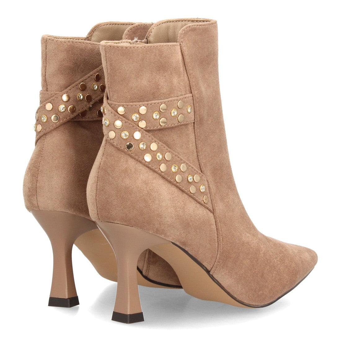 Botines elegantes kaki de mujer con punta fina, tacón fino y tachuelas con brillantes