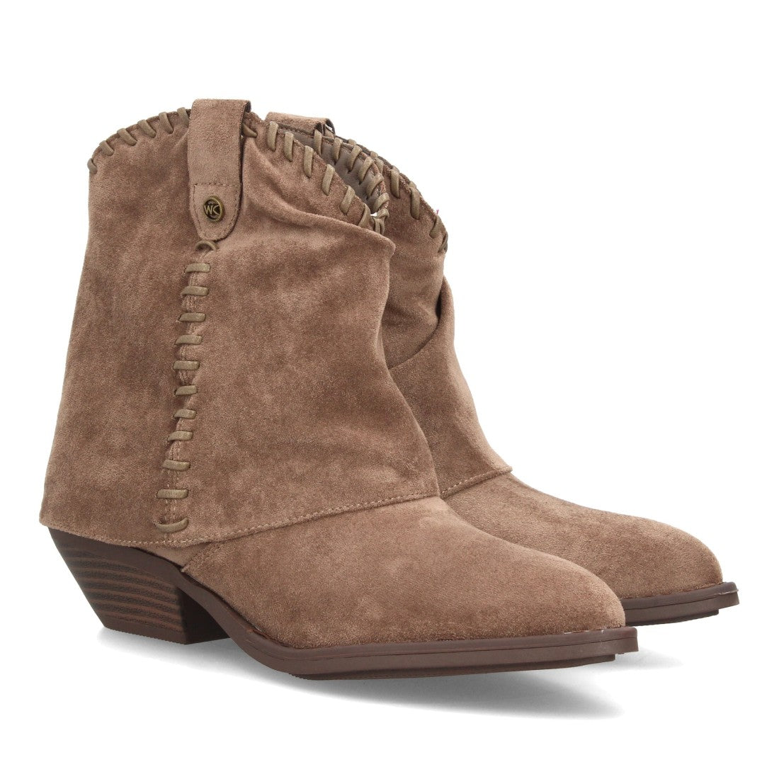 Botines estilo cowboy kaki de mujer en efecto ante con costuras decorativas