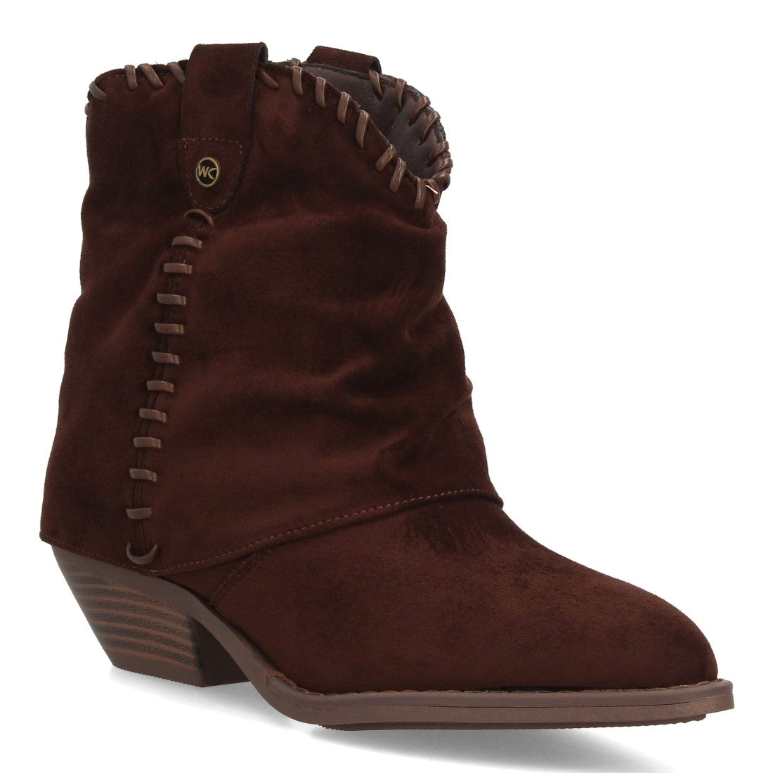 Botines camperos estilo cowboy marrón efecto ante con bordados decorativos y cremallera