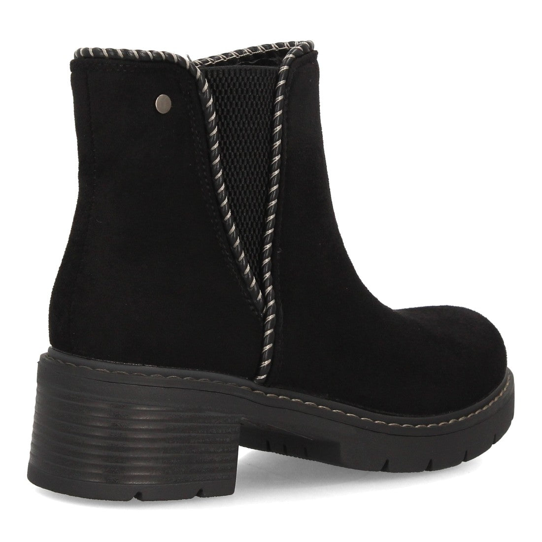 Botines casuales negros de mujer en efecto ante con panel elástico y ribete trenzado