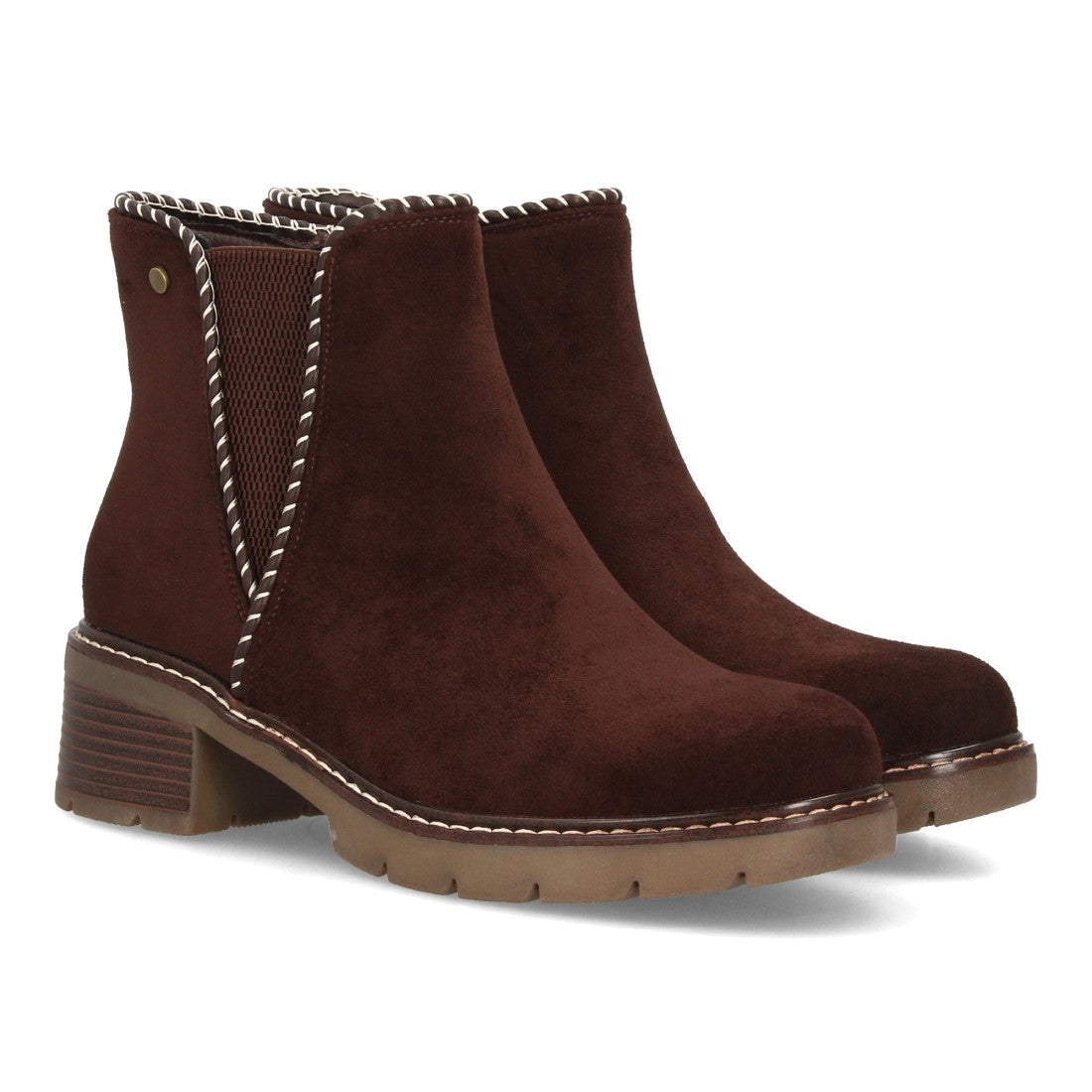 Botines casuales marrón de mujer en textura efecto ante con ribete trenzado y elástico