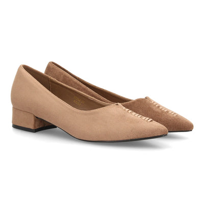 Zapatos de salón para mujer en verde kaki efecto ante con tacón bajo ancho y punta fina