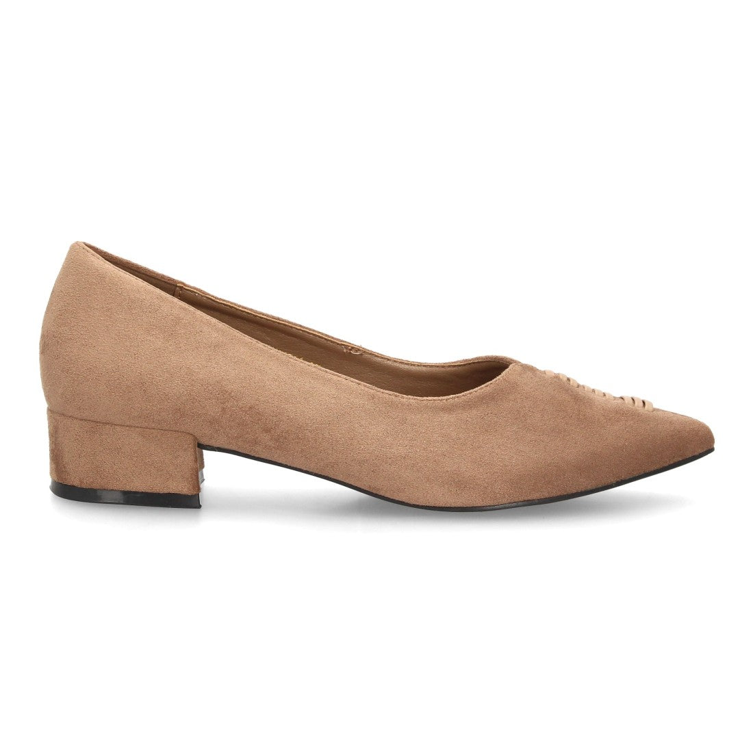 Zapatos de salón para mujer en verde kaki efecto ante con tacón bajo ancho y punta fina