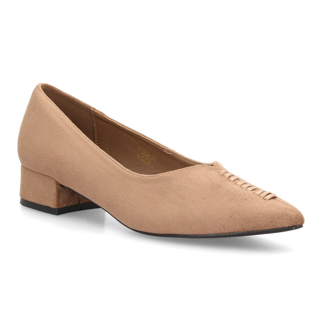 Zapatos de salón para mujer en verde kaki efecto ante con tacón bajo ancho y punta fina