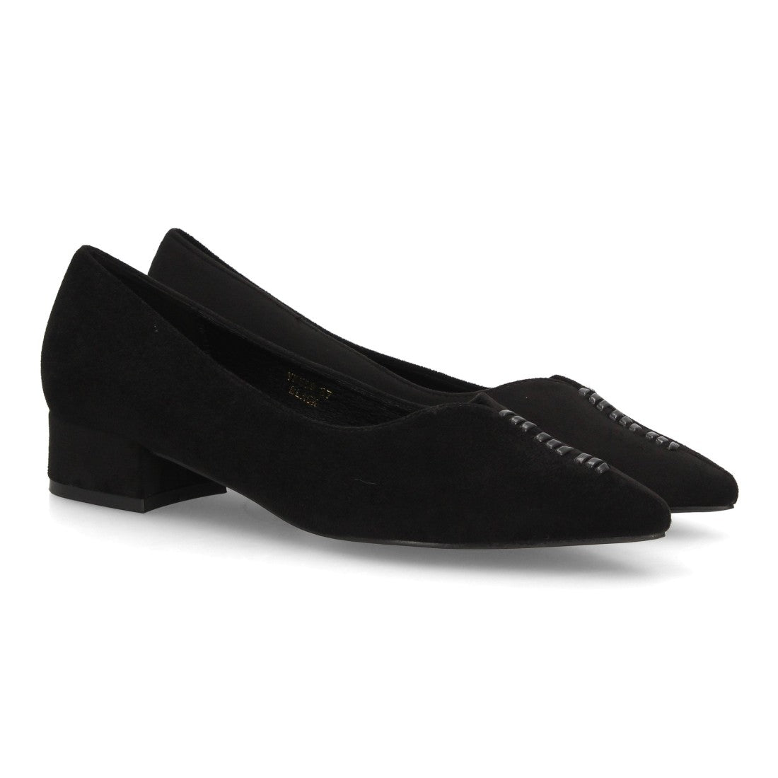 Zapatos de salón negros de ante con punta fina y tacón bajo ancho para mujer