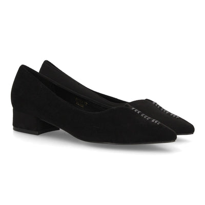 Zapatos de salón negros de ante con punta fina y tacón bajo ancho para mujer