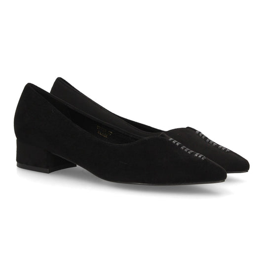 Zapatos de salón negros de ante con punta fina y tacón bajo ancho para mujer