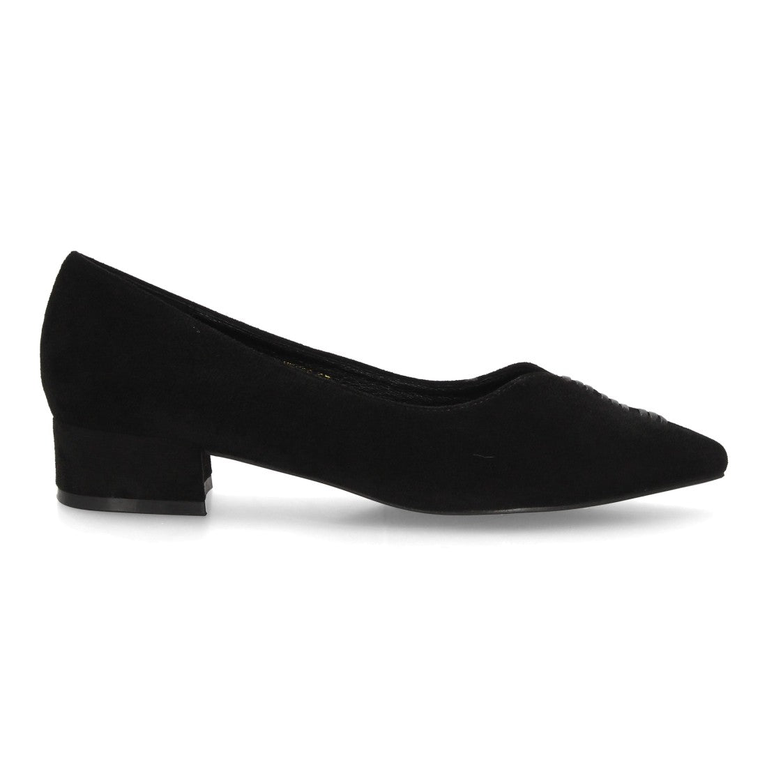 Zapatos de salón negros de ante con punta fina y tacón bajo ancho para mujer